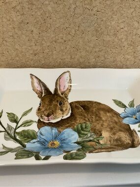 Ceramic Bunny Tray with Blue Floral Accents - White and Brown